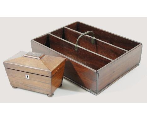 A 19thC rosewood sarcophagus tea caddy, the hinged lid revealing a two sectional interior with outer mother of pearl escutche