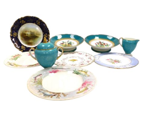 A late 19thC Foley porcelain plate, painted with Linlithgow Castle, by F Micklewright, further plates, a pair of late 19thC p