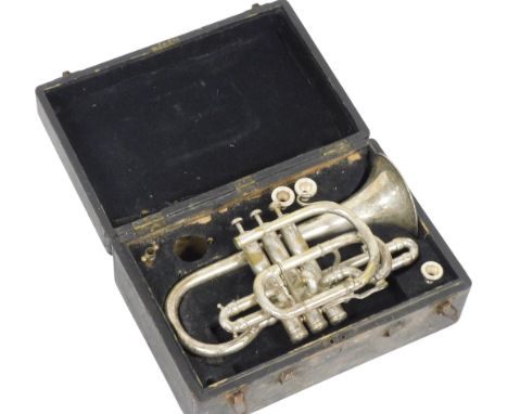 A J Higham silver plated cornet, number 7158, cased.