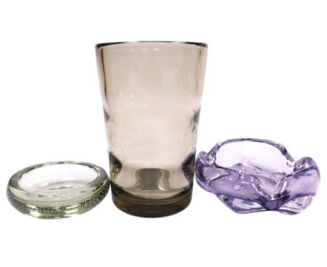 An amethyst glass bowl, possibly Kosta, 19.5cm wide, Whitefriars pale green bubble glass dish, and a grey glass vase, possibl