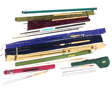Assorted fishing rods, including an S Woolley, The Manifold three quarter two piece split cane rod, Orvis Graphite two piece 