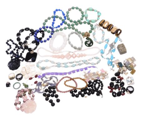 Assorted costume jewellery, including an agate and tiger's eye bracelet, lapis lazuli bracelet, Chinese crystal and cloisonne