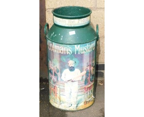 A green painted twin handled milk churn, later decorated with a Colman's Mustard advertising print depicting a cricketer, 73c