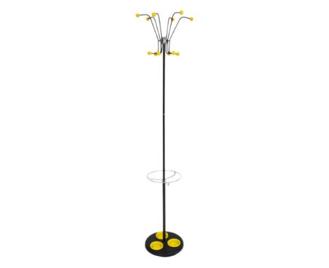 A mid century atomic cast iron coat and umbrella stand, plastic yellow ball terminals, the base set with three yellow plastic
