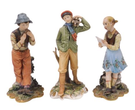 Three Capodimonte porcelain figures, comprising boy and girl musicians by Volta, and a further figure of a boy carrying faggo