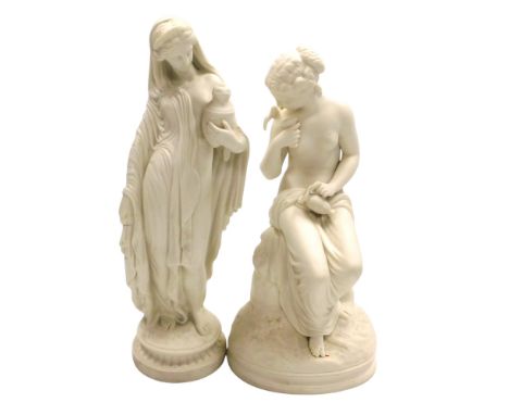 A late 19thC Parian figure of a lady, in Roman attire holding an amphora, 35.5cm high, and a further figure of a Grecian lady