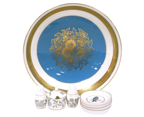 A Minton porcelain fruit bowl, gilt decorated with flowers, on a turquoise ground, printed marks, 29cm wide, together with fo