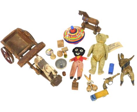 Vintage games and toys, including a carved wooden horse drawn cart, Chad Valley Sing a Song of Sixpence spinning top, teddy b