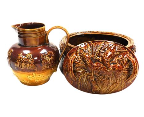 A Portmeirion pottery oven to tableware game pie dish and cover, together with an Arthur Wood Lambeth two tone harvest ware t