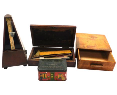 A Maelzel mahogany cased metronome, a Victorian rosewood box containing drawing instruments, marquetry inlaid box with drawer