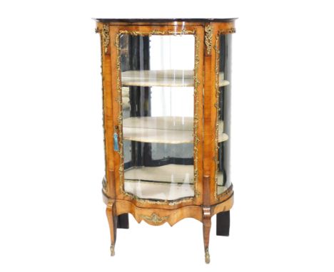 A late 19thC French kingwood serpentine vitrine, with glazed sides and door enclosing two shelves, raised on cabriole legs, b