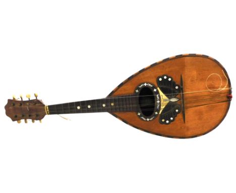 An Italian mandolin, by Enrico Goldini of Naples, with a rosewood fret board, the body inlaid in hardwood and mother of pearl