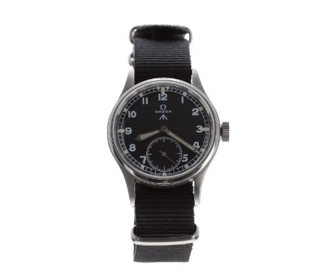 Omega WWII Military issue stainless steel gentleman's wristwatch, serial no. 10223799, circular black dial with Military arro