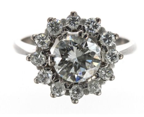 Fine quality 18ct white gold diamond cluster ring, the centre stone 1.08ct, clarity VS1-2, colour K-L, in a surround of round