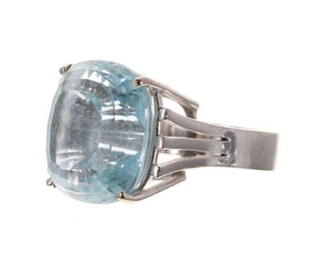 Large aquamarine 18k white gold ring, cushion-cut estimated 24ct approx measuring 18mm x 16mm, depth 11mm, 12.3gm, ring ring 