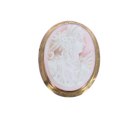 9ct engraved mounted oval cameo brooch depicting a portrait profile of a lady, with safety chain, 57mm x 42mm 
