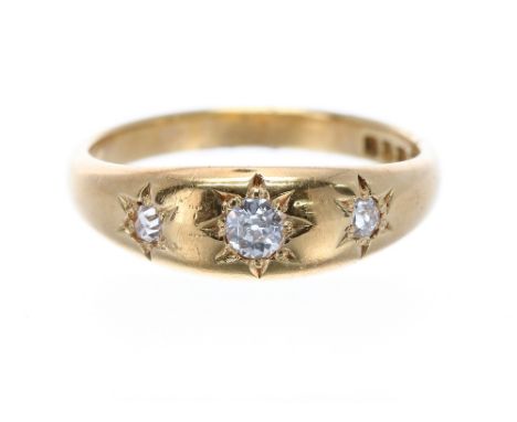 18ct old-cut diamond three stone gypsy ring, London 1918, band width 6mm, 3.6gm, ring  size M 