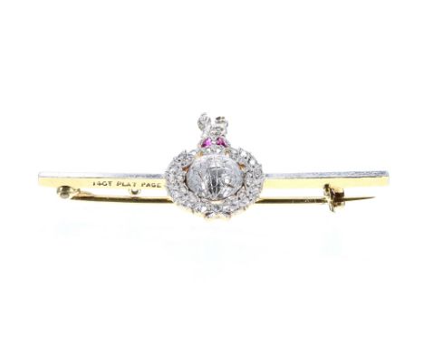 Royal Marines regimental 14ct and platinum ruby and diamond set brooch, stamped Page, Plymouth, 4.4gm, 48mm wide