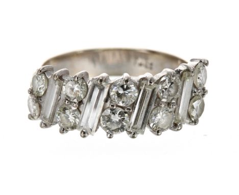 Fancy 18k white gold diamond band ring, with baguette and round brilliant-cut diamonds, 1.80ct approx, clarity VS2-SI1, colou