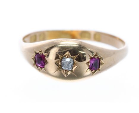 Victorian 15ct ruby and diamond gypsy ring, Birmingham 1879, band width 8mm, 2.5gm, ring size Q/R