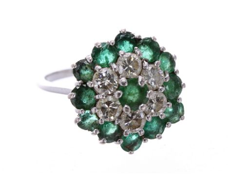 18ct white gold emerald and diamond cluster ring, 5.2gm, cluster 17mm, ring size N/O - **box 