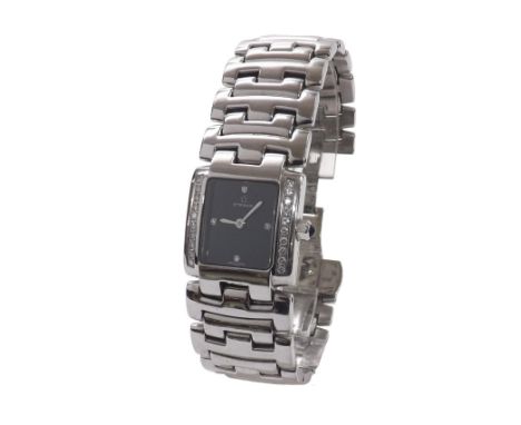 Eterna Minx stainless steel and diamond lady's bracelet watch, ref. 2608.49, black dial with diamond quarter markers, diamond