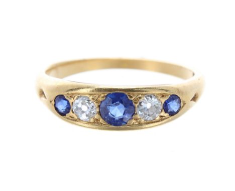 18ct sapphire and diamond five stone boat shaped ring, band width 5.5mm, 3.7gm, ring size M/N