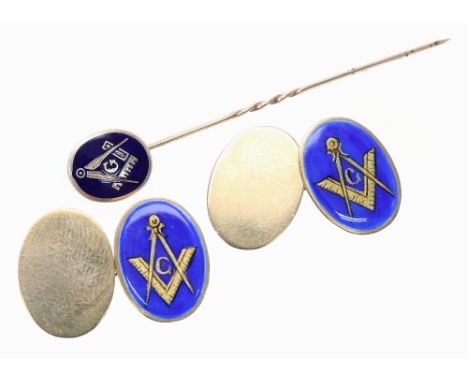 Masonic Interest - pair of blue enamel 9ct oval cuff links, London 1958, 5.4gm; together with a 9ct stick pin (3)