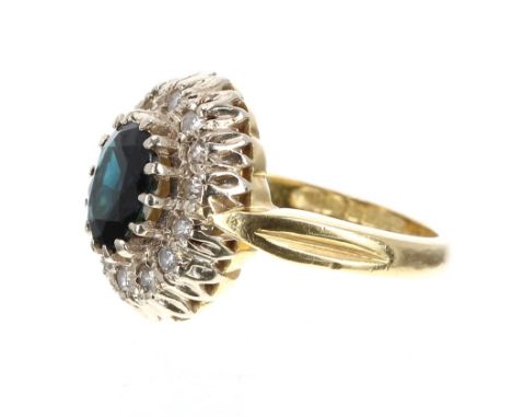 18ct sapphire and diamond cluster ring, cluster 16mm x 12mm, 7.2gm, ring size I
