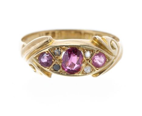 18ct ruby and diamond seven stone ring, Birmingham 1911, band width 7.5mm, 2.2gm, ring size M/N