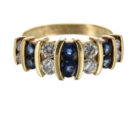 18ct yellow gold sapphire and diamond ring, with six round sapphires and eight round brilliant-cut diamonds, band width 7.5mm