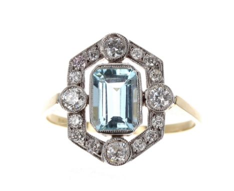 Art Deco style aquamarine and diamond ring, emerald-cut aquamarine 0.90ct approx, in a halo round brilliant-cut diamond setti