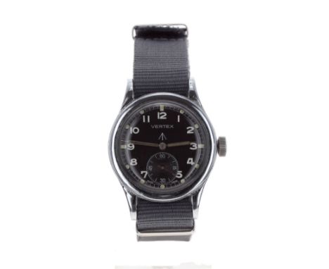 Vertex WWII Military issue stainless steel gentleman's wristwatch, circular black dial with Military arrow, Arabic numerals, 
