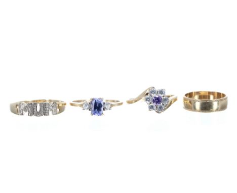 Three 9ct stone set rings and a band ring, 8.9gm (4)