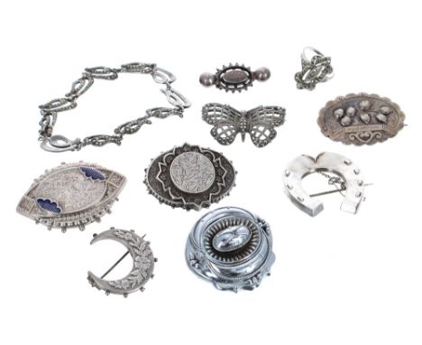 Seven assorted Victorian silver brooches; also a marcasite set butterfly brooch, bracelet and ring (10)