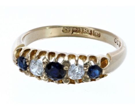 18ct claw set sapphire and diamond five stone ring, Birmingham 1917, 4.1gm, ring size O/P