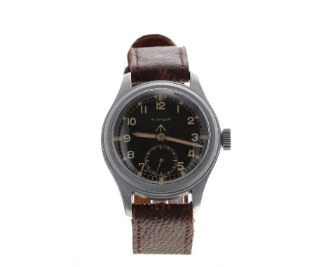 Timor WWII Military issue stainless steel gentleman's wristwatch, circular black dial with Military arrow, Arabic numerals, d