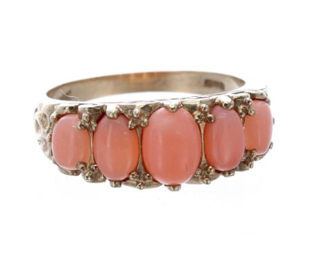 Victorian style 9ct five stone coral ring, 3.9gm, ring size P - **box