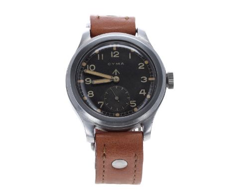 Cyma WWII Military issue stainless steel gentleman's wristwatch, circular black dial with Military arrow, Arabic numerals, do