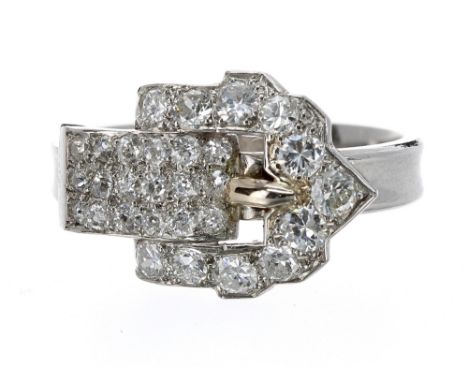 Platinum diamond buckle design ring, band width 13.5mm, 8.8gm, ring size O 