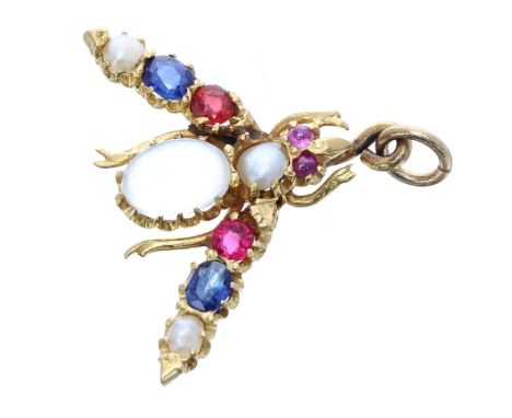 Edwardian yellow metal bug pendant, set with ruby, sapphire, pearl and moonstone, 2.1gm, 23.5mm wide