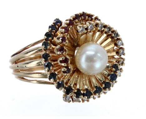 Fancy 14k yellow gold dress ring, centred with a cultured pearl in a circular swirl cluster set with rubies, sapphires and di