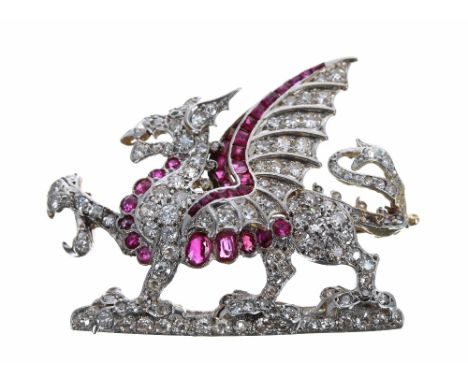 Fine ruby and diamond 'The Buffs' East Kent Regiment brooch, with round brilliant-cut diamonds, round and calibrated rubies, 