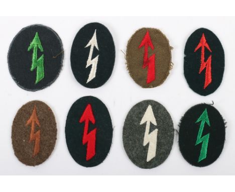 8x WW2 German Signals Blitz Arm Badges, fine examples of the embroidered lightning bolt insignias worn by signallers in the v