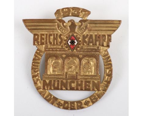 Rare Third Reich Hitler Youth 1937 Reichskampf Munchen Participation Badge, fine gilded tomback badge produced by F Hoffstatt