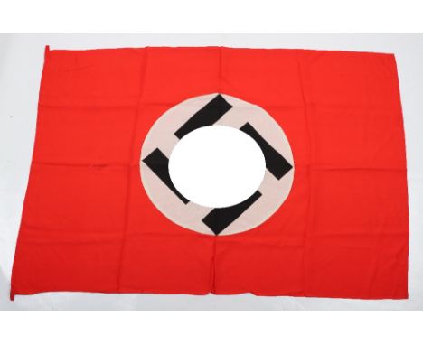 Third Reich NSDAP Flag, double sided red cotton flag with large central black swastika on white circle backing. Stitched tabs