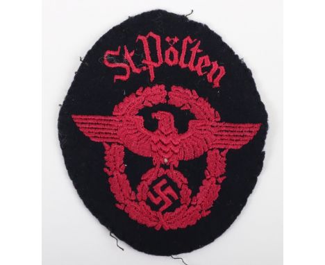 WW2 German Fire Police Tunic Arm Eagle for St Polten (Lower Austria), embroidered example of the arm badge with town above th