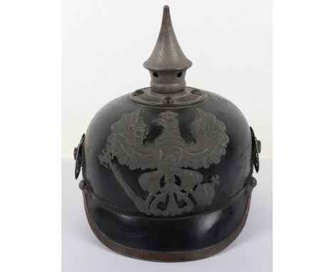 WW1 Prussian Regimentally Marked M-15 Pickelhaube, leather bodied helmet with grey metal other ranks Prussian helmet plate to