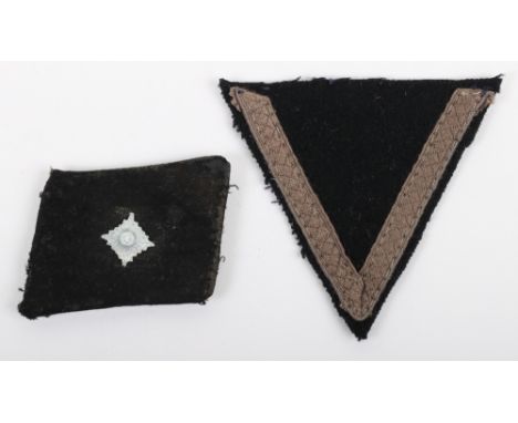 WW2 German Waffen-SS Gas Rank Chevron, good black cloth chevron and accompanying single black Waffen-SS collar tab with oxidi
