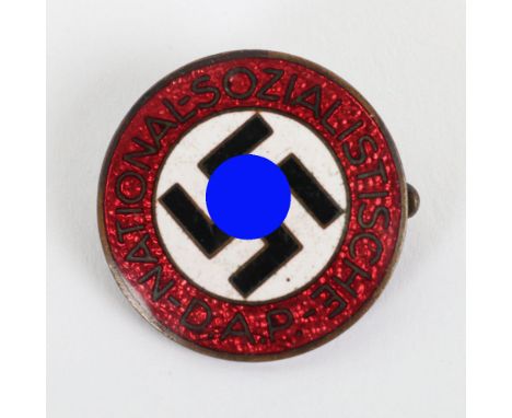 Third Reich NSDAP Party Badge by Wilhelm Deumer Ludenscheid, fine example of a standard NSDAP enamel party badge with pin and